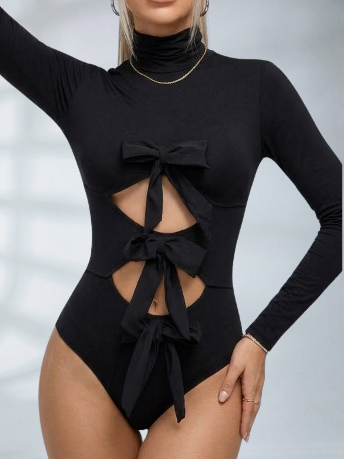 Turtleneck Bow Cutout Long Sleeve Bodysuit