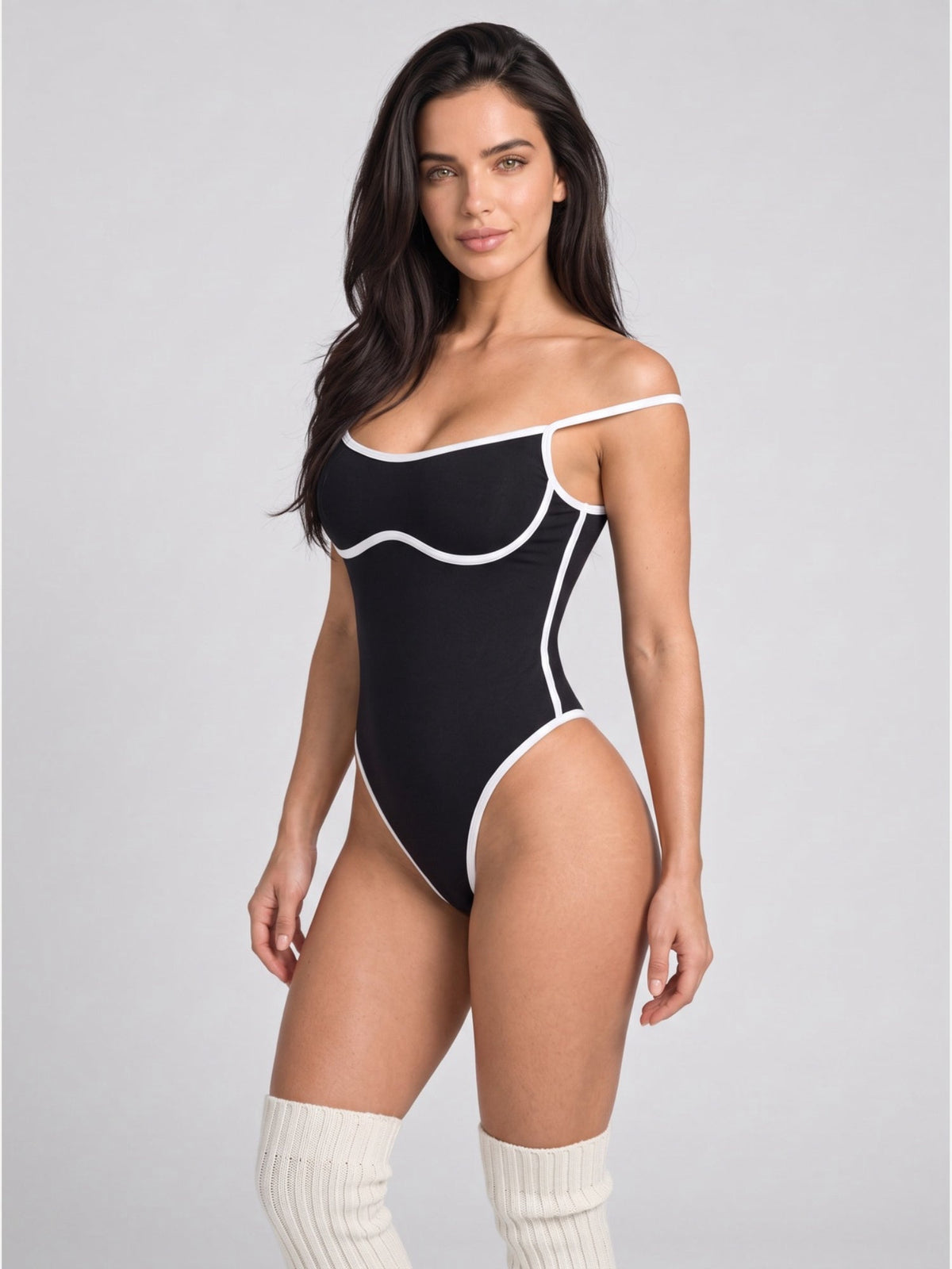 Contrasting Piping Sculpting Scoop Neck Bodysuit