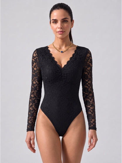 Sexy Lace Long Sleeve Sheer Bodysuit