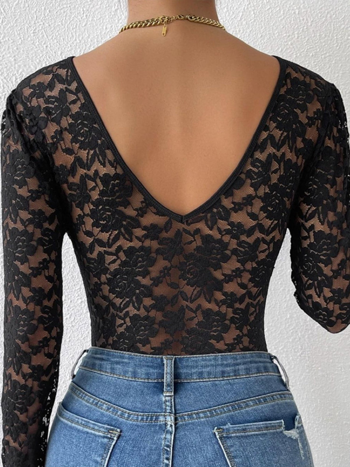 Sexy Lace Long Sleeve Sheer Bodysuit