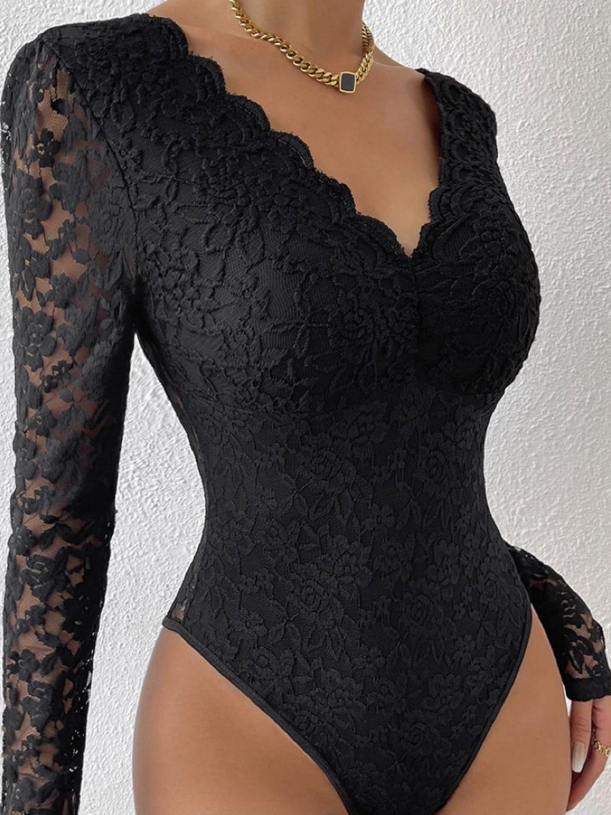 Sexy Lace Long Sleeve Sheer Bodysuit