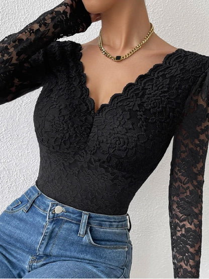 Sexy Lace Long Sleeve Sheer Bodysuit