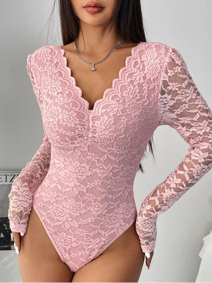 Sexy Lace Long Sleeve Sheer Bodysuit