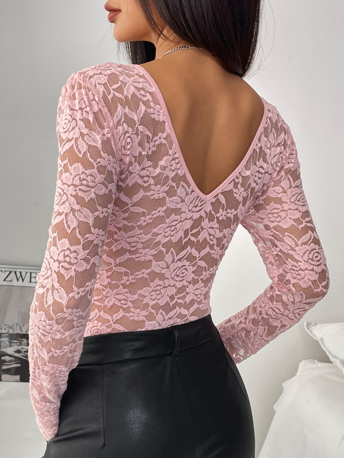 Sexy Lace Long Sleeve Sheer Bodysuit
