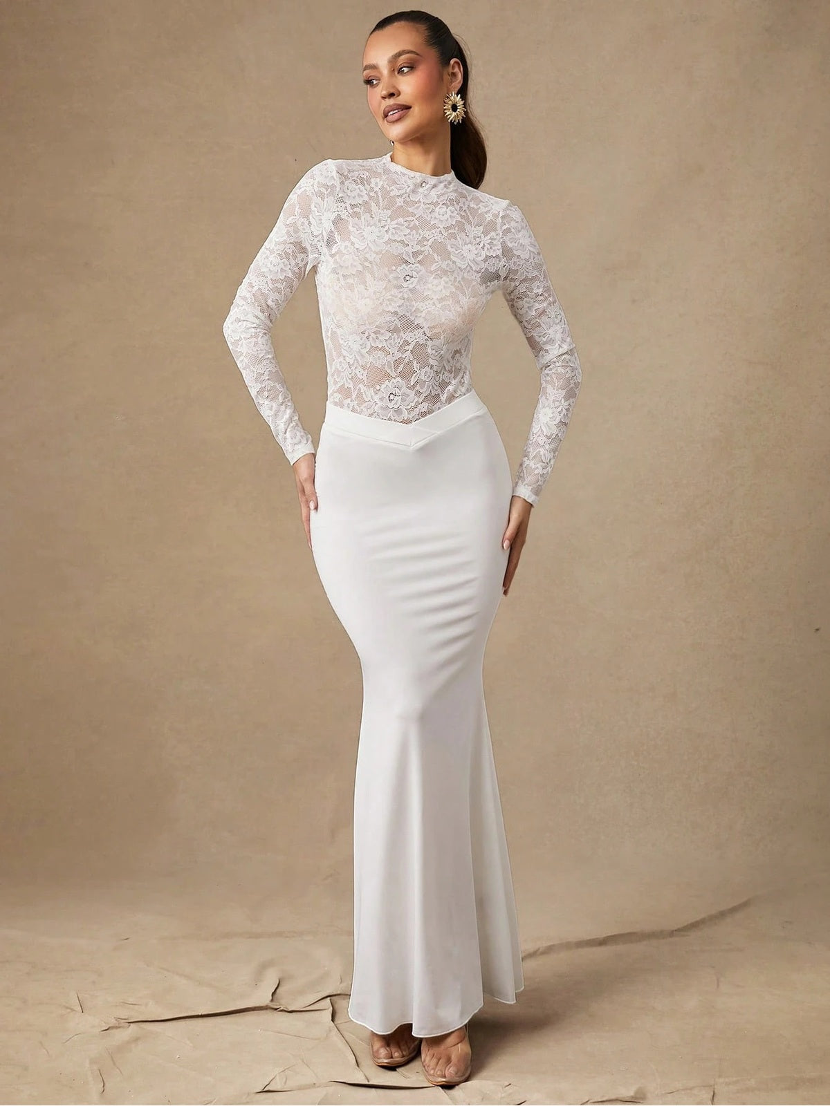 Sheer Lace Mock Neck Long Sleeve Bodysuit