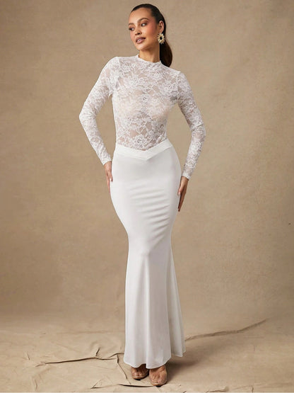 Sheer Lace Mock Neck Long Sleeve Bodysuit