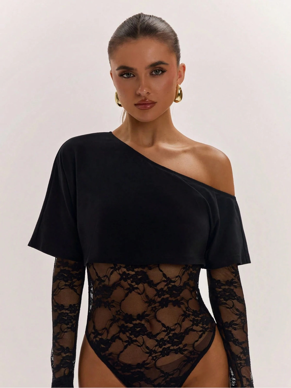 Asymmetric Off-Shoulder Lace Bodysuit