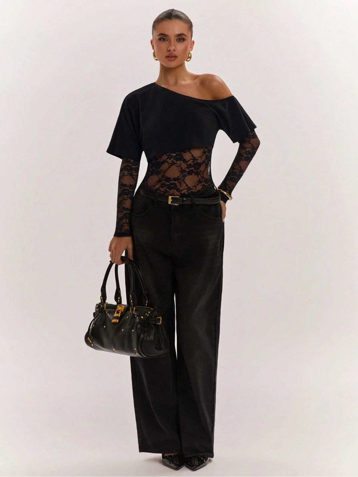 Asymmetric Off-Shoulder Lace Bodysuit