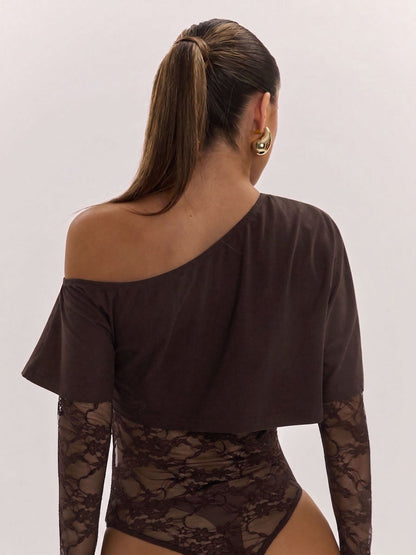 Asymmetric Off-Shoulder Lace Bodysuit
