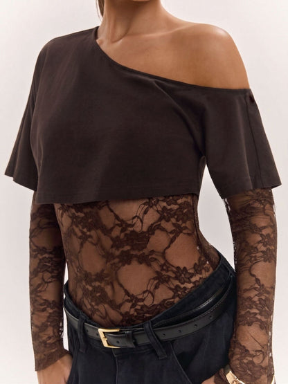 Asymmetric Off-Shoulder Lace Bodysuit
