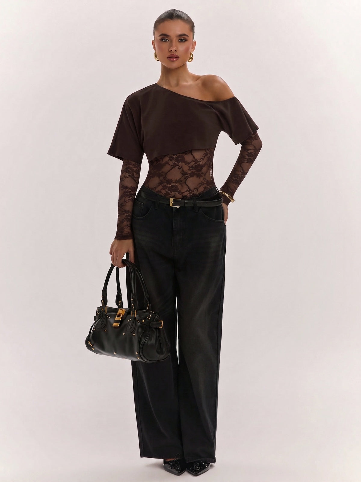 Asymmetric Off-Shoulder Lace Bodysuit