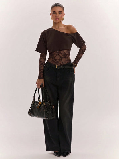 Asymmetric Off-Shoulder Lace Bodysuit