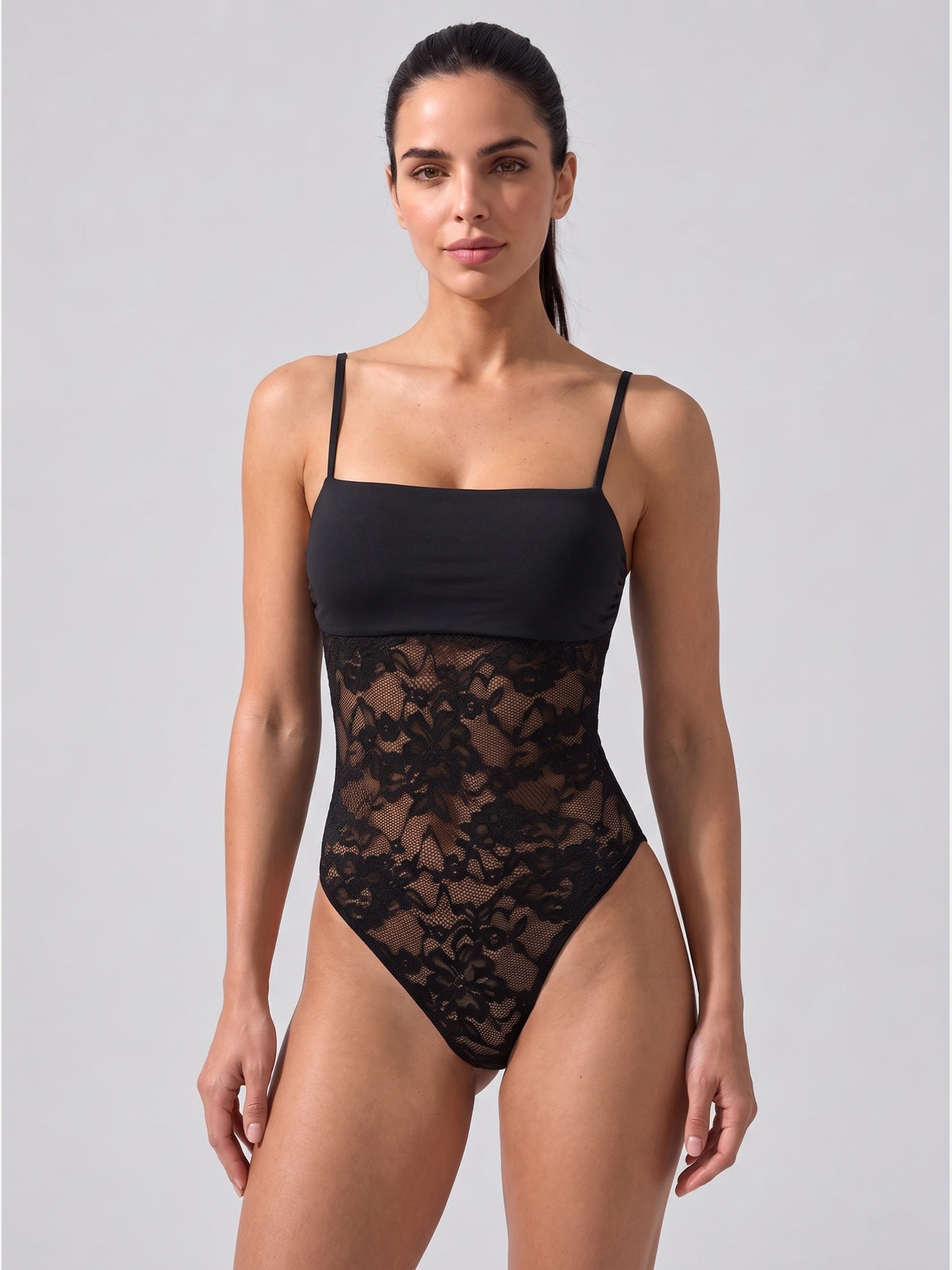 Sultry Lace Panel Spaghetti Strap Bodysuit