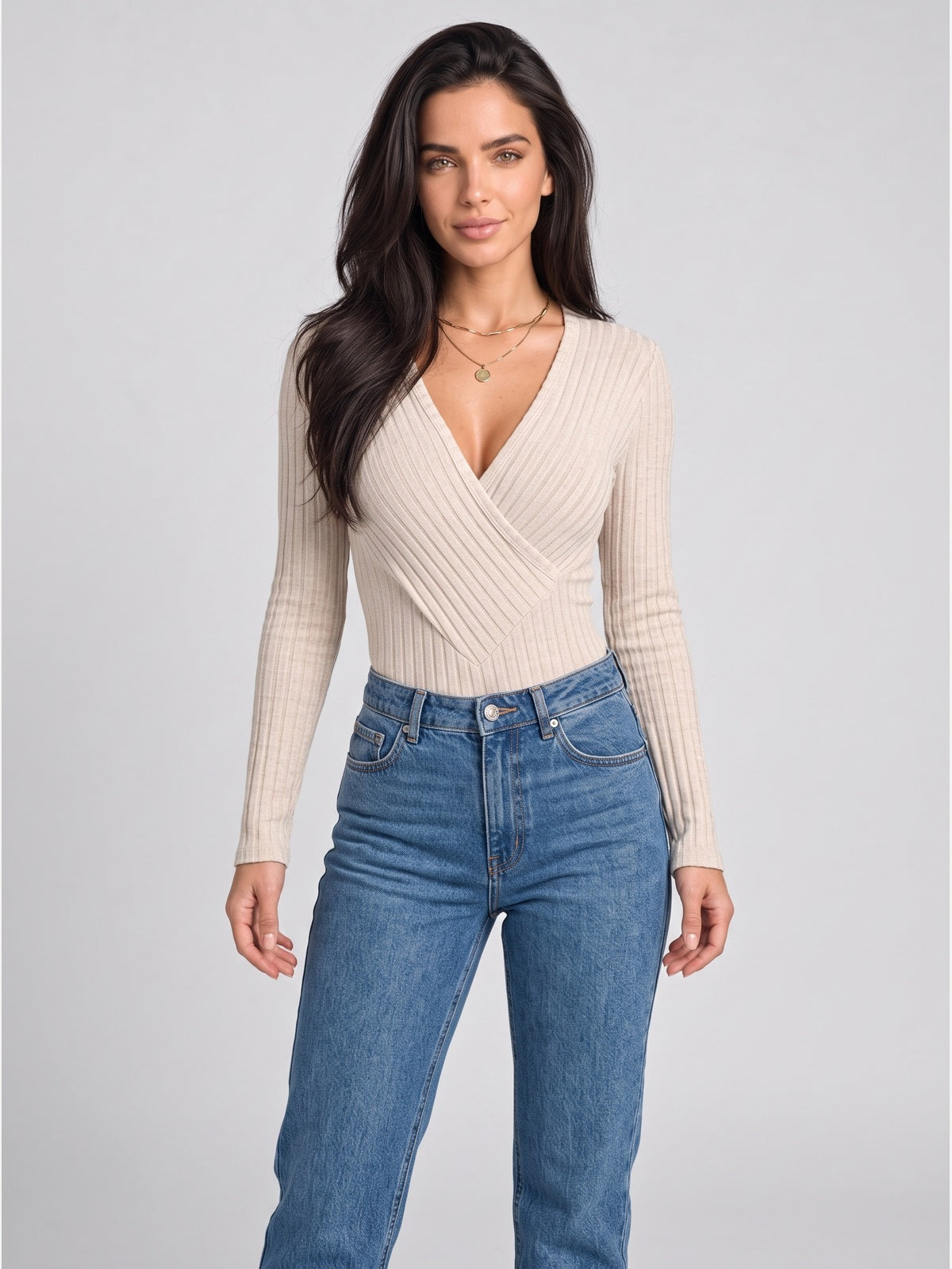 Ribbed Knit Crossover V-Neck Long Sleeve Bodysuit