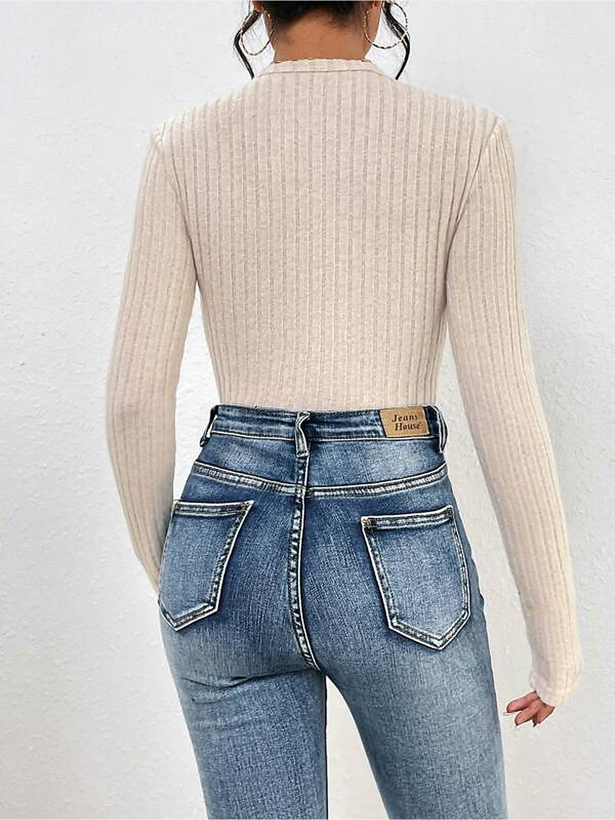 Ribbed Knit Crossover V-Neck Long Sleeve Bodysuit