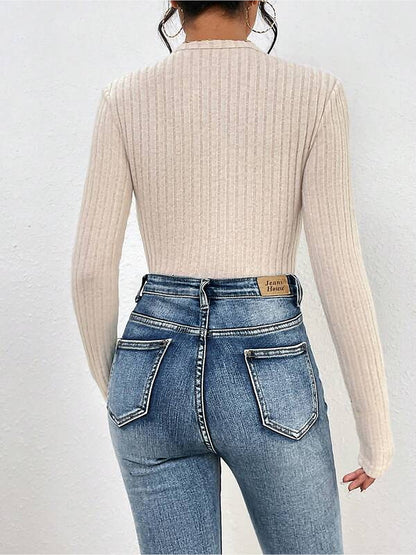 Ribbed Knit Crossover V-Neck Long Sleeve Bodysuit
