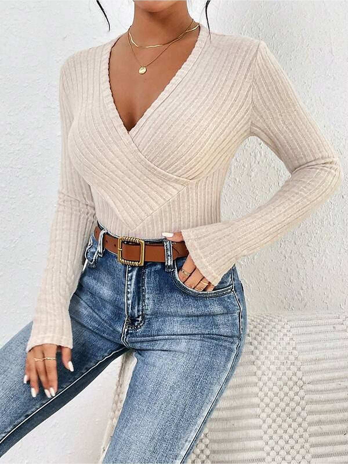 Ribbed Knit Crossover V-Neck Long Sleeve Bodysuit