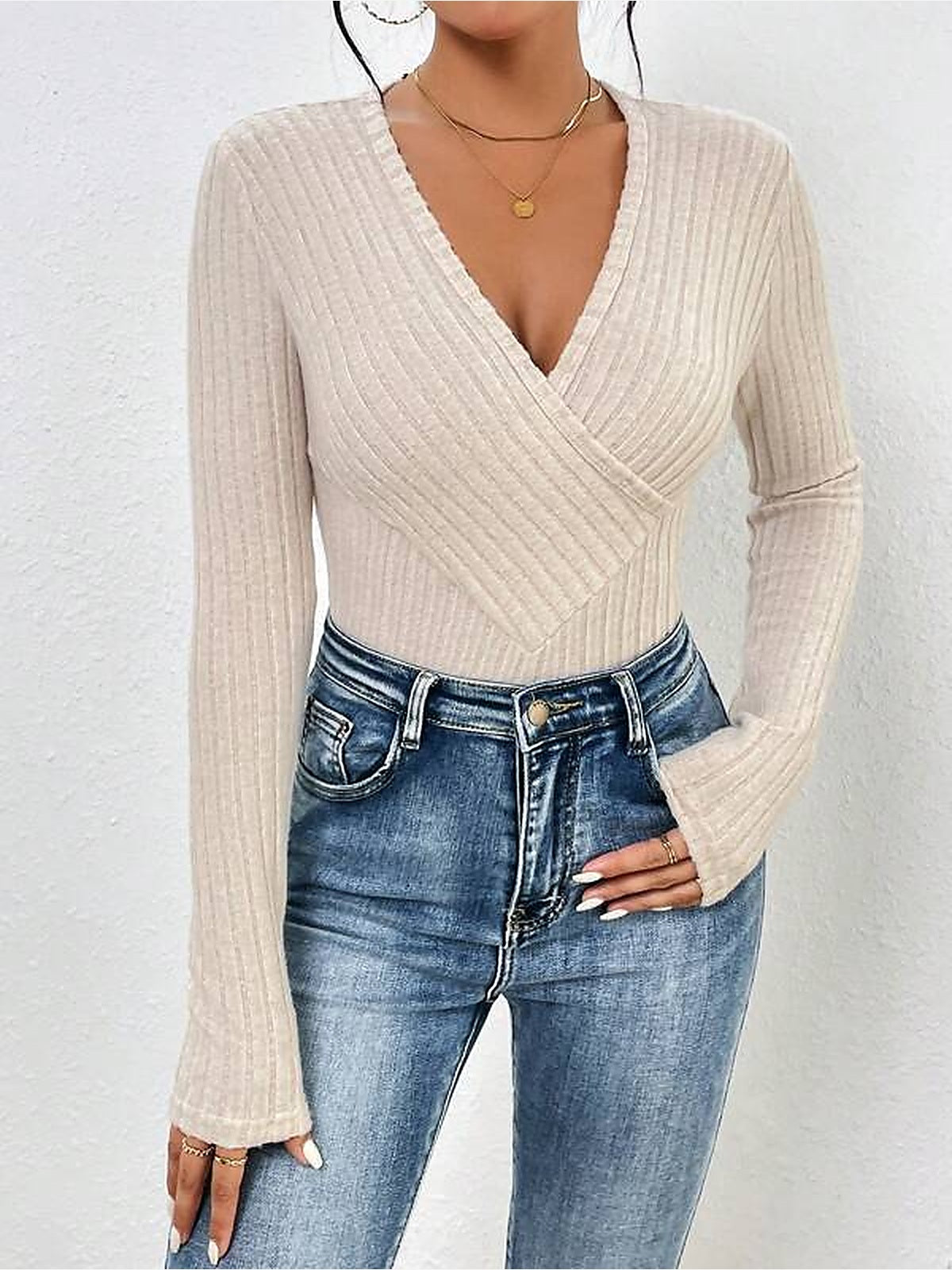 Ribbed Knit Crossover V-Neck Long Sleeve Bodysuit