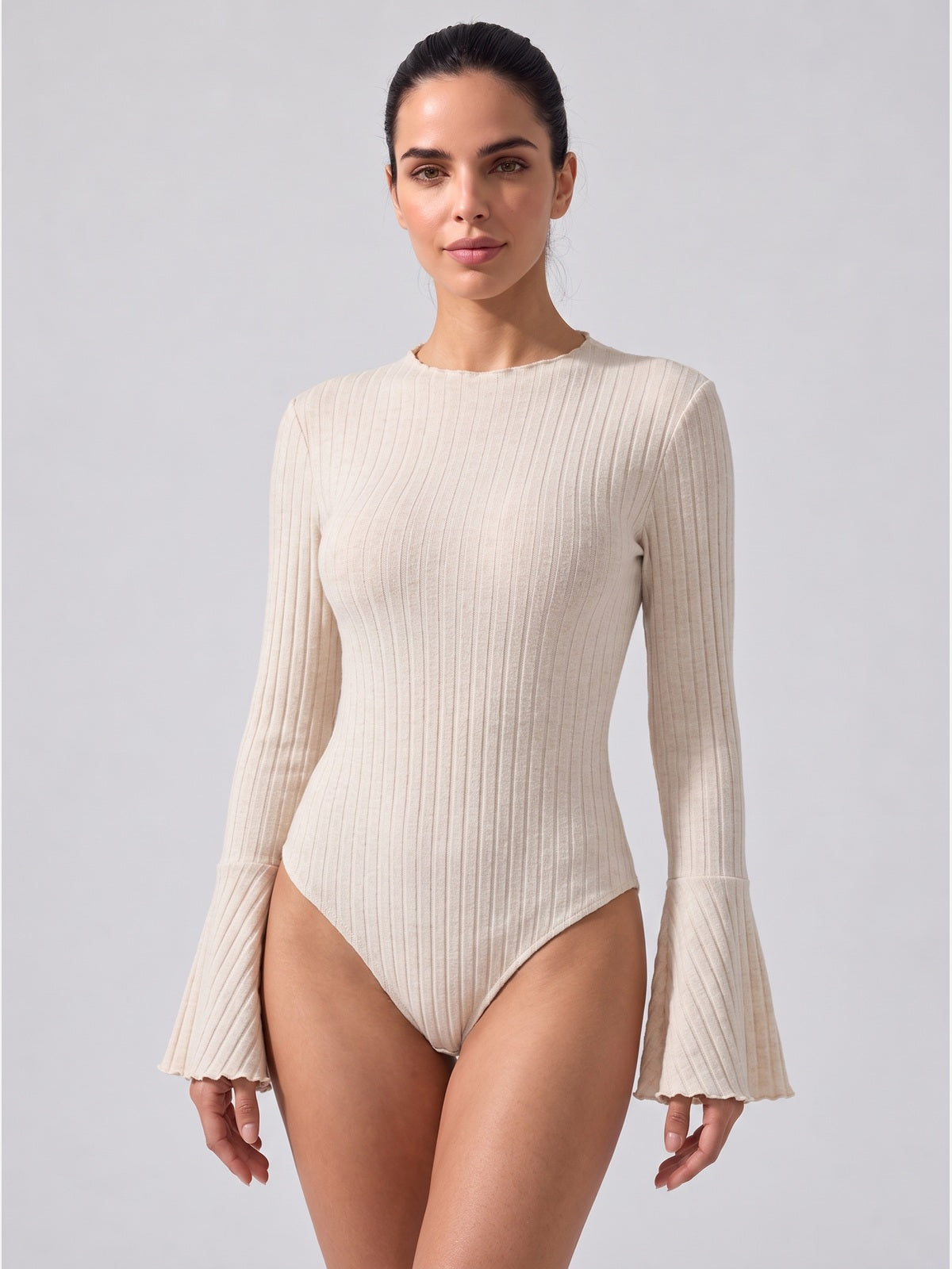 Ribbed Ruffle Mock Neck Bell Sleeve Bodysuit