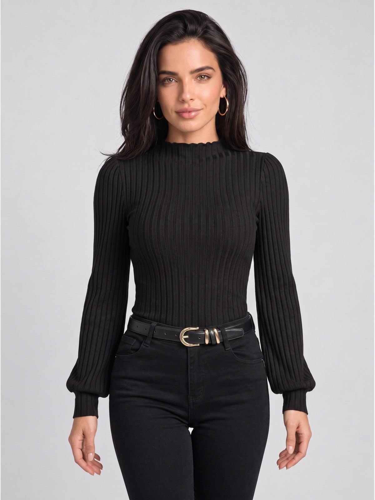 Ribbed Ruffle Mock Neck Lantern Sleeve Bodysuit