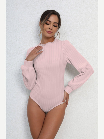 Ribbed Ruffle Mock Neck Lantern Sleeve Bodysuit