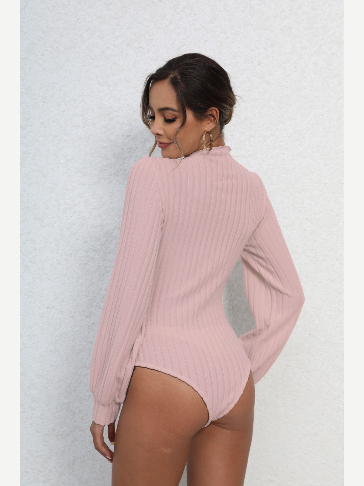 Ribbed Ruffle Mock Neck Lantern Sleeve Bodysuit