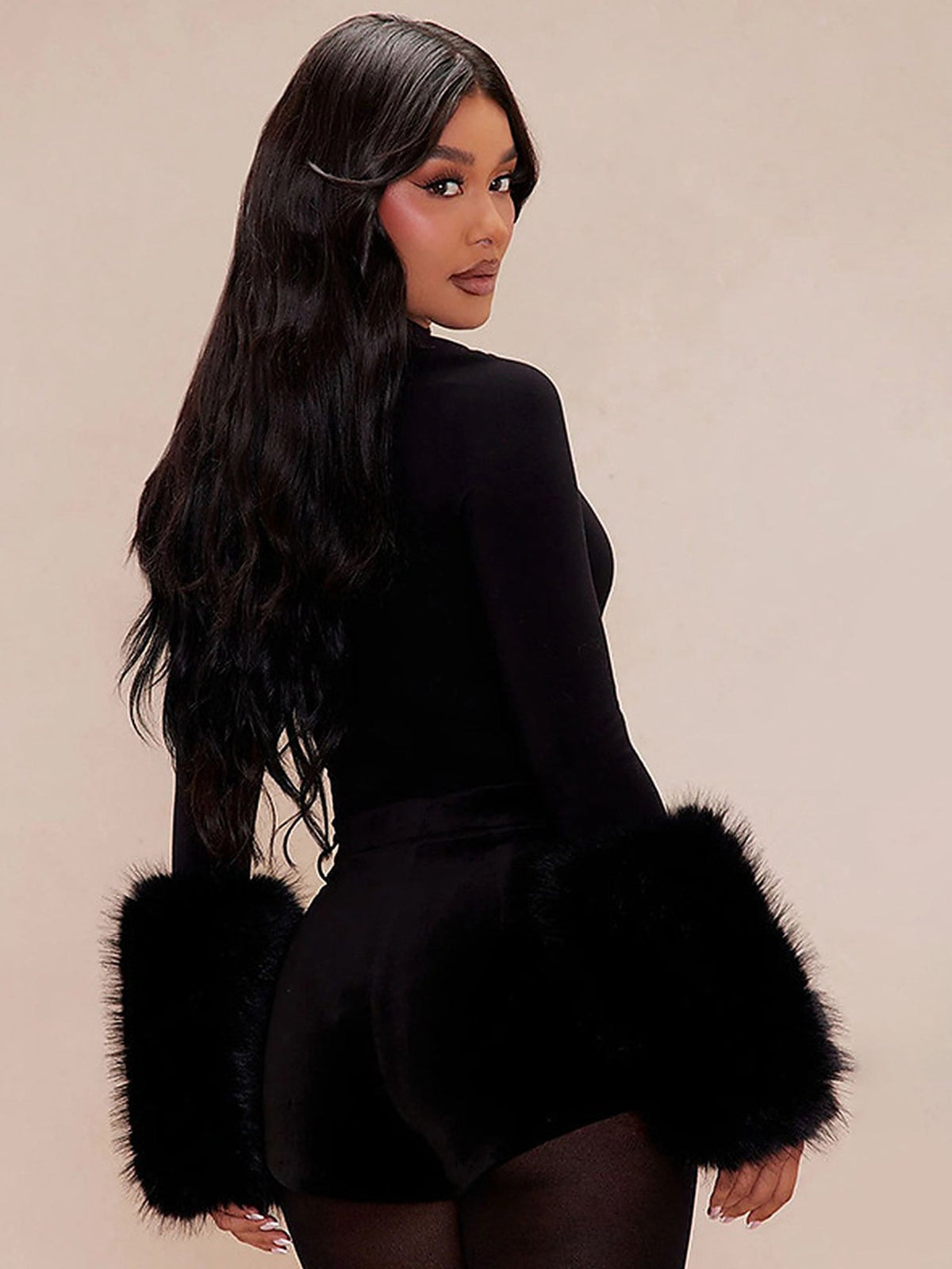 Faux Fur Cuff Mock Neck Bodysuit
