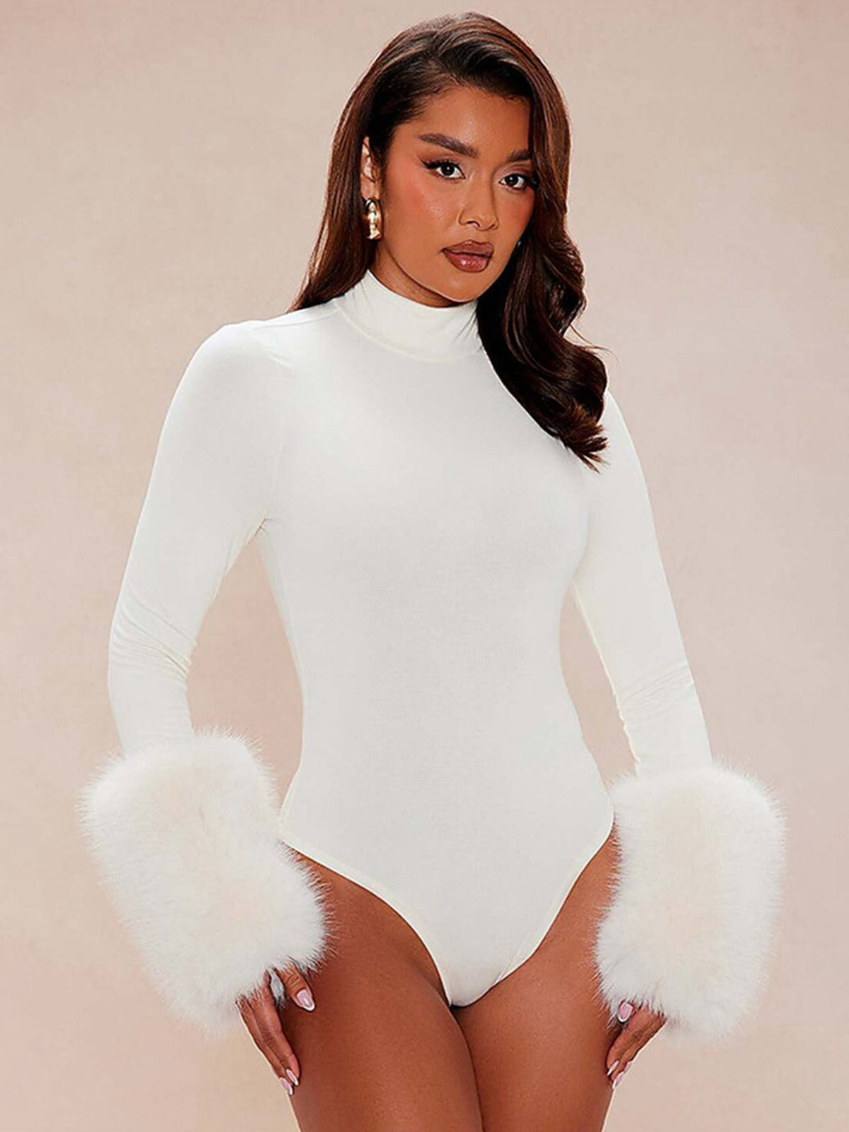 Faux Fur Cuff Mock Neck Bodysuit