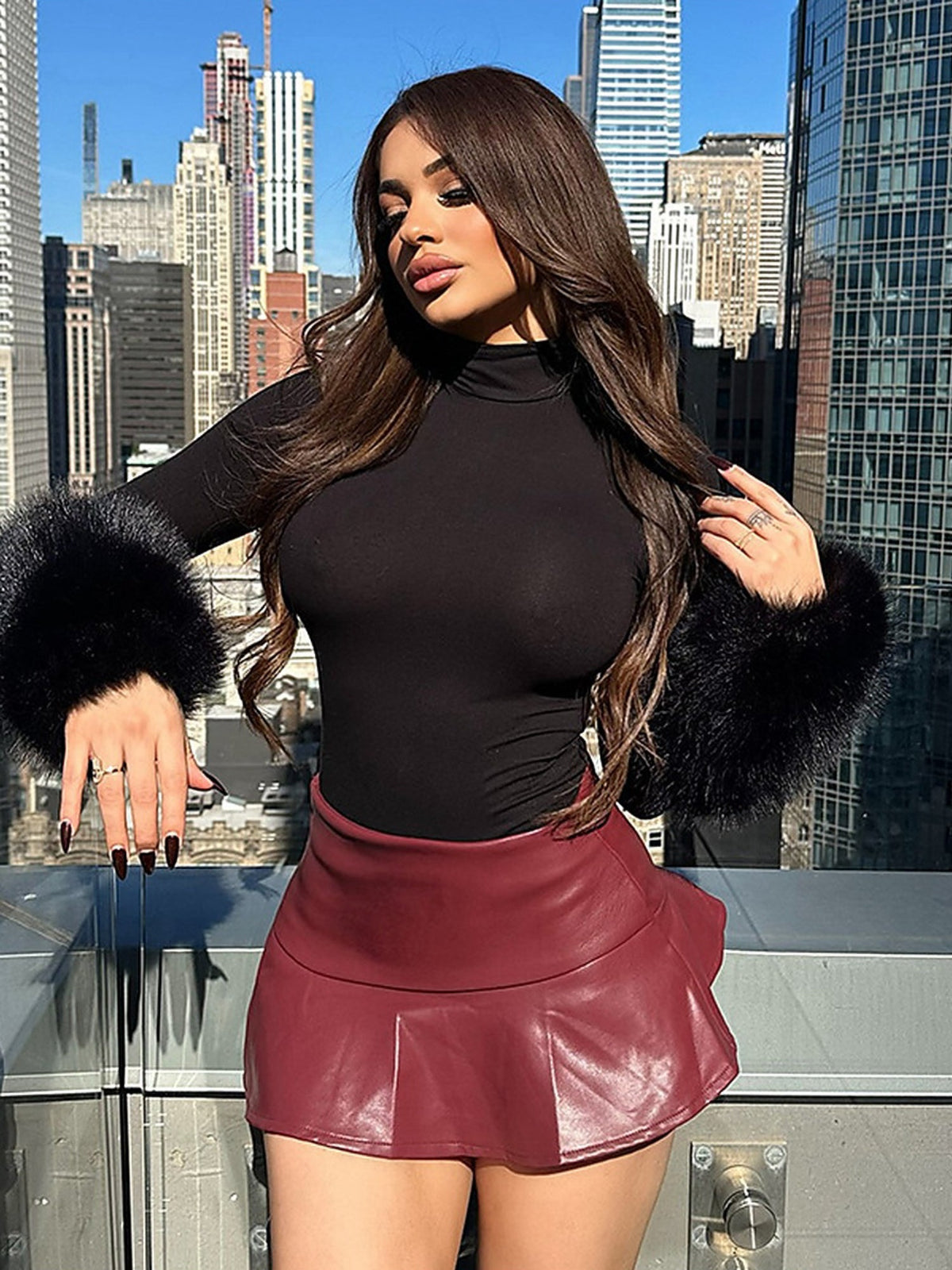 Faux Fur Cuff Mock Neck Bodysuit