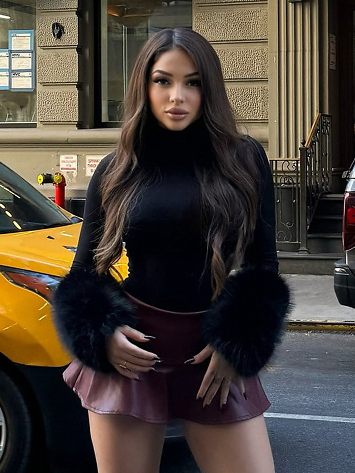 Faux Fur Cuff Mock Neck Bodysuit