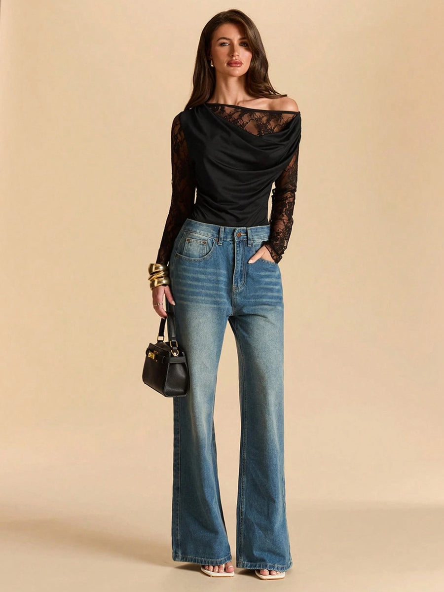 Sensual Asymmetrical Cowl Neck Lace Bodysuit