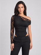 Sensual Asymmetrical Cowl Neck Lace Bodysuit
