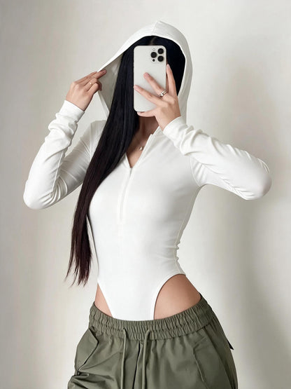 Women's Hooded Long Sleeve Half-Zip Bodysuit