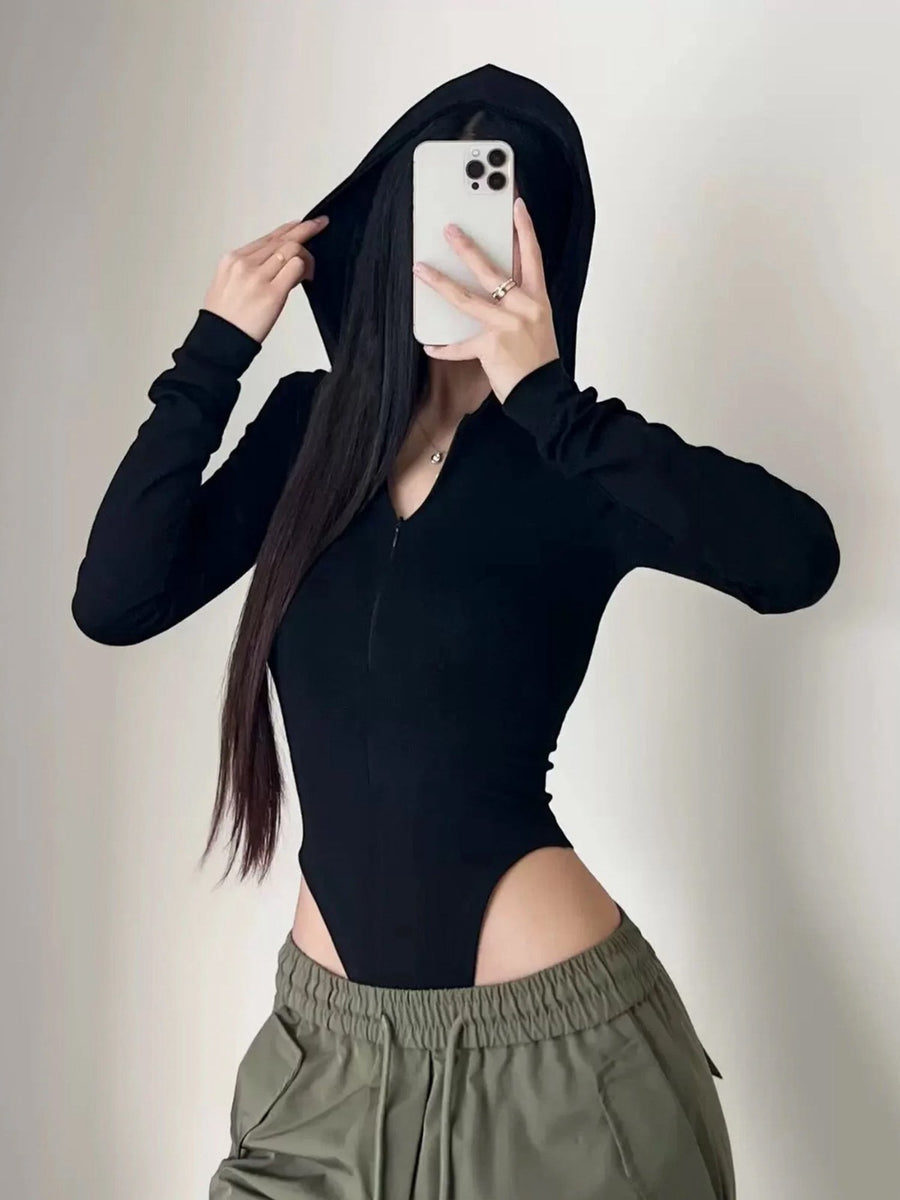 Women's Hooded Long Sleeve Half-Zip Bodysuit