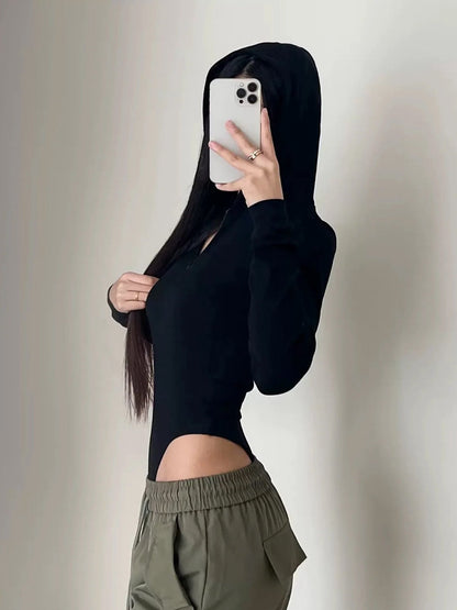 Women's Hooded Long Sleeve Half-Zip Bodysuit
