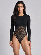 Women's Ribbed Long Sleeve Lace Panel Bodysuit