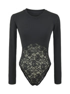 Women's Ribbed Long Sleeve Lace Panel Bodysuit