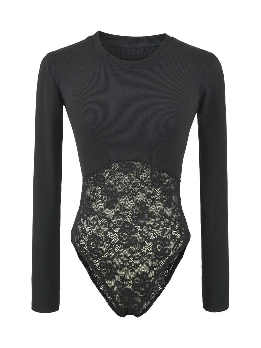 Women's Ribbed Long Sleeve Lace Panel Bodysuit