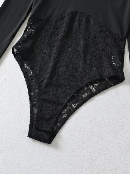 Women's Ribbed Long Sleeve Lace Panel Bodysuit