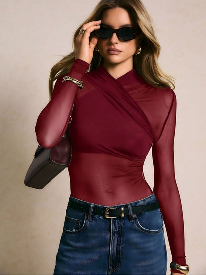 Black Sheer Mesh Crossover Long Sleeve Bodysuit