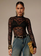 Sheer Floral Lace Mock Neck Long Sleeve Bodysuit