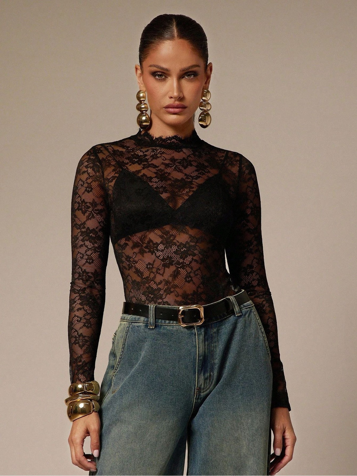 Sheer Floral Lace Mock Neck Long Sleeve Bodysuit
