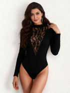 Lace Panel Mock Neck Ribbed Bodysuit