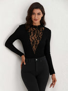 Lace Panel Mock Neck Ribbed Bodysuit