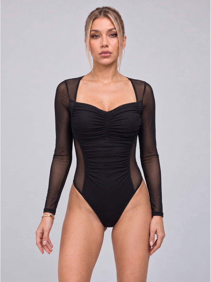 Sheer Mesh Ruched Sweetheart Bodysuit