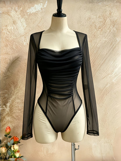 Sheer Mesh Ruched Sweetheart Bodysuit