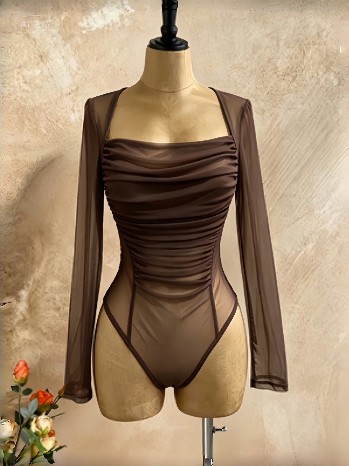 Sheer Mesh Ruched Sweetheart Bodysuit