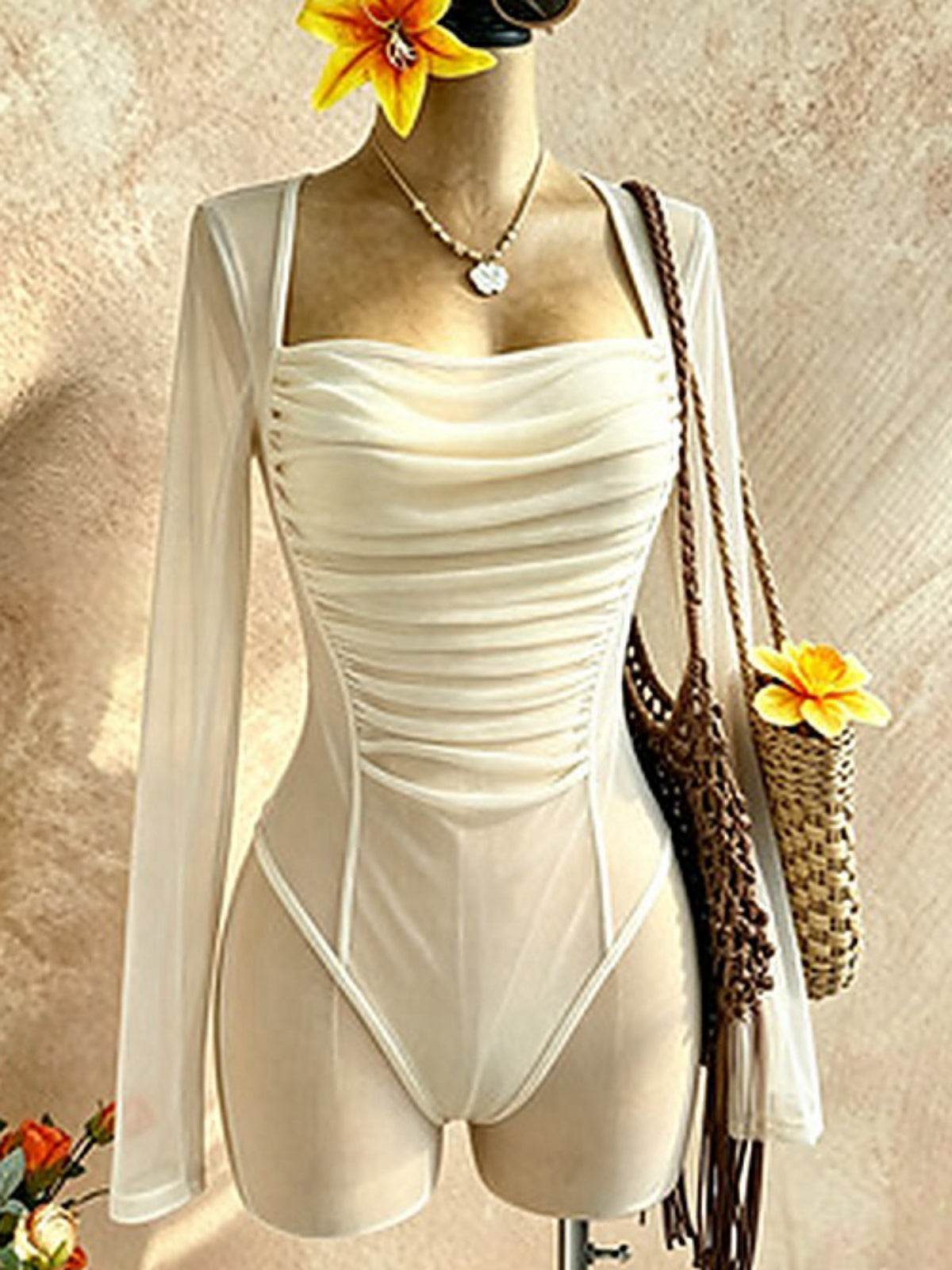 Sheer Mesh Ruched Sweetheart Bodysuit