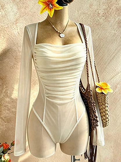 Sheer Mesh Ruched Sweetheart Bodysuit