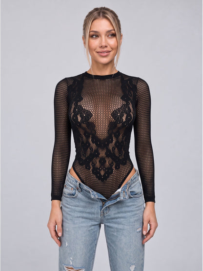 Sheer Floral Lace Mesh Long Sleeve Bodysuit
